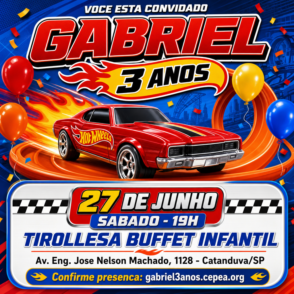 Convite — Gabriel 3 anos — Hot Wheels Party